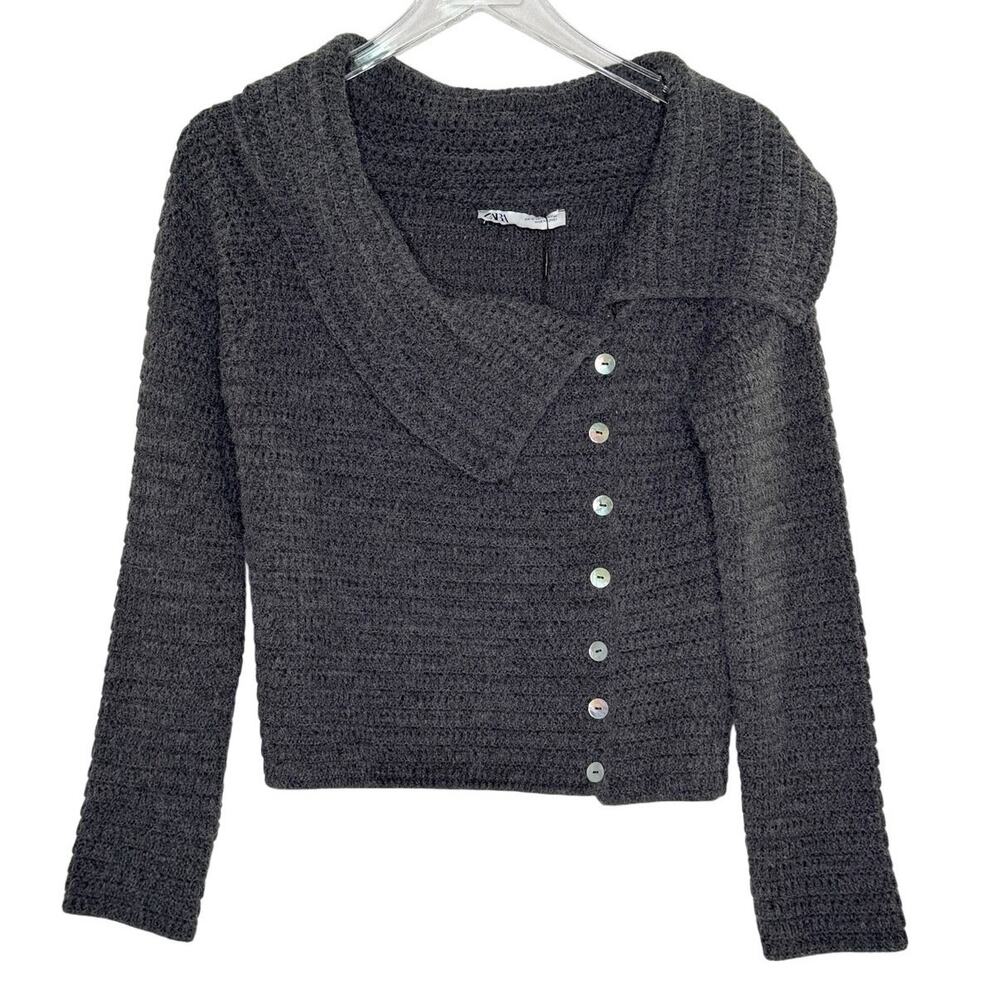 Zara Knit Sweater Top With Side Buttons M NEW Gray Off Shoulder Asymmetric